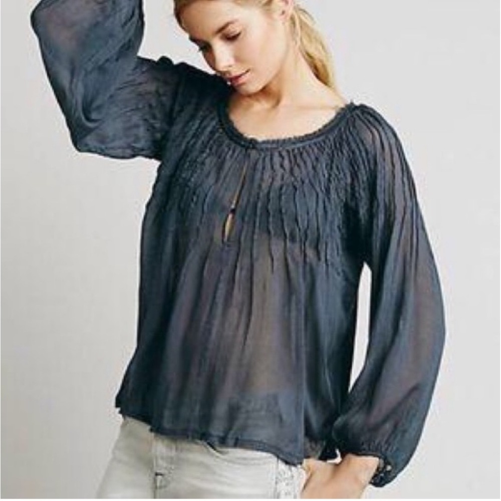 Free People FP One Morning Light Top Blue Pleated Boho Peasant Blouse S